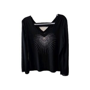 Haley Kelly Fashion Black Rhinestone‎ Embellished V-Neck Long Sleeve Women's M/L